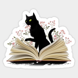 Cat reading a book, watercolor style, flowers growing from book, cats end books lovers lover Sticker